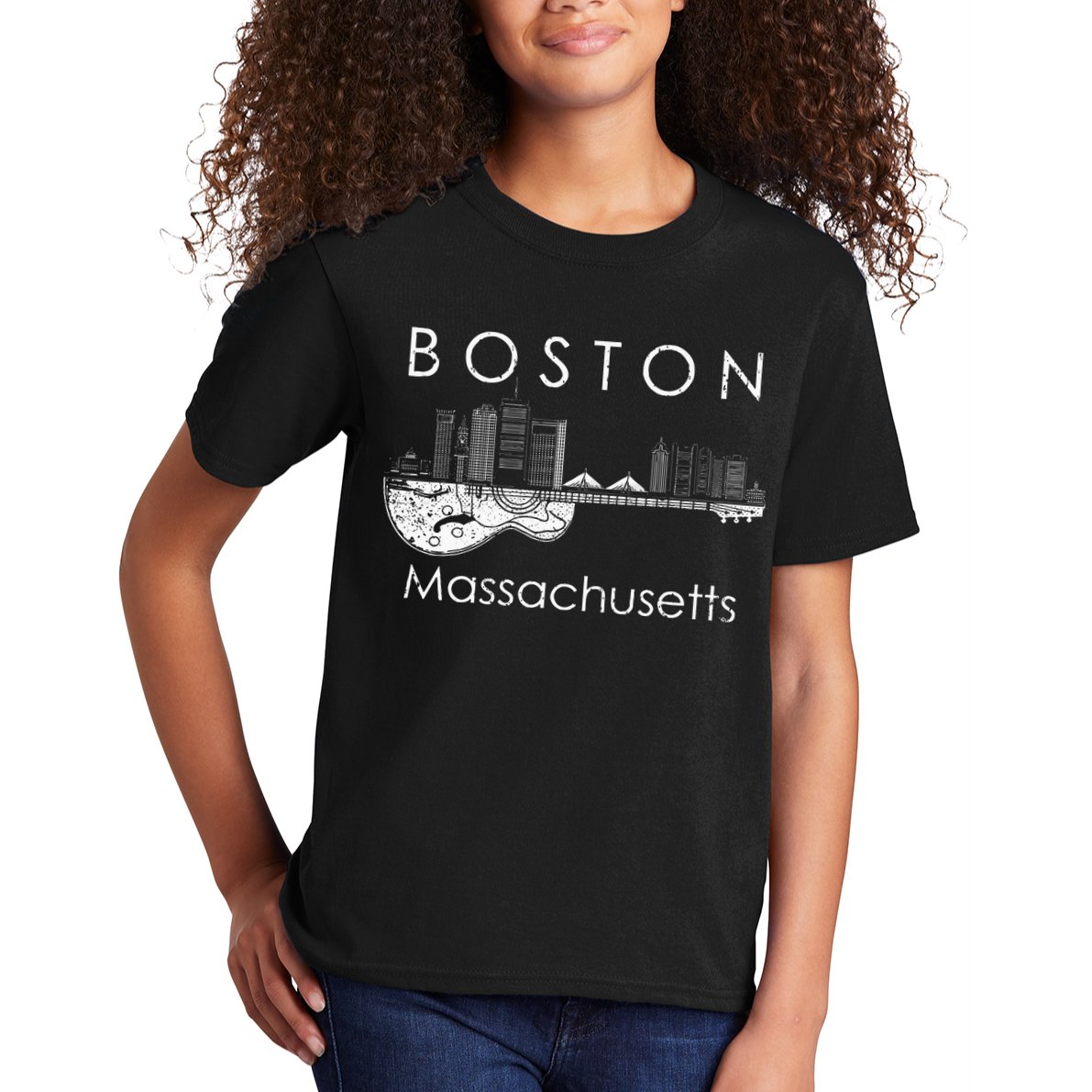 Boston Souvenir Massachusetts Skyline Music Guitar Kids T-Shirt