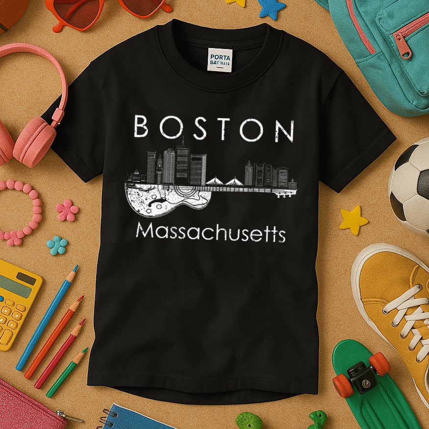 Boston Souvenir Massachusetts Skyline Music Guitar Kids T-Shirt