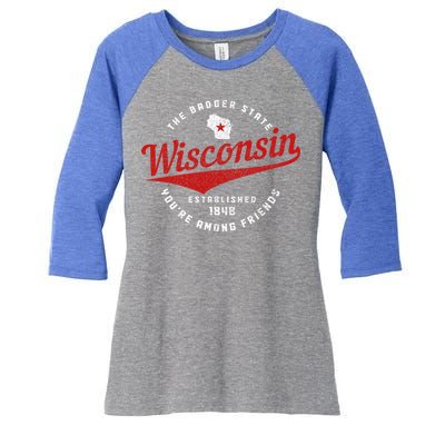 Badger State Map Pride Vintage Of Wisconsin Women's Tri-Blend 3/4-Sleeve Raglan Shirt