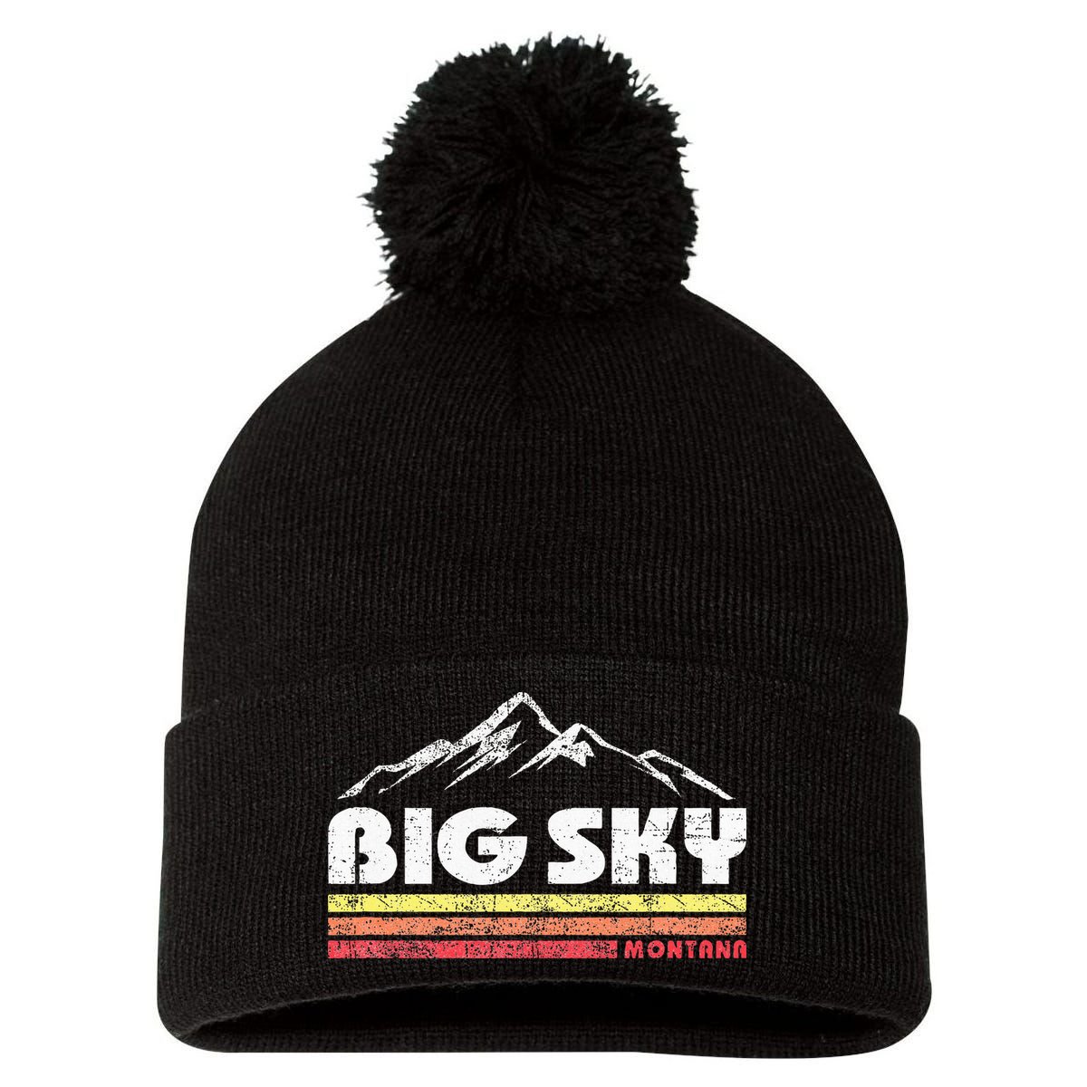 Big Sky Montana Mountain Sunset Pom Pom 12in Knit Beanie