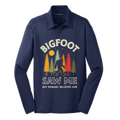 Bigfoot Saw Me But Nobody Believes Him Funny Sasquatch Retro Silk Touch Performance Long Sleeve Polo