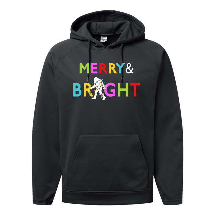 Bigfoot Sasquatch Merry And Bright Christmas Lights Gift Performance Fleece Hoodie