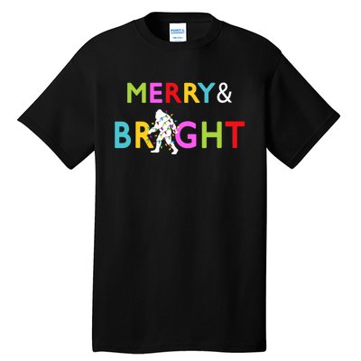 Bigfoot Sasquatch Merry And Bright Christmas Lights Gift Tall T-Shirt