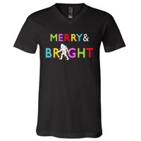 Bigfoot Sasquatch Merry And Bright Christmas Lights Gift V-Neck T-Shirt