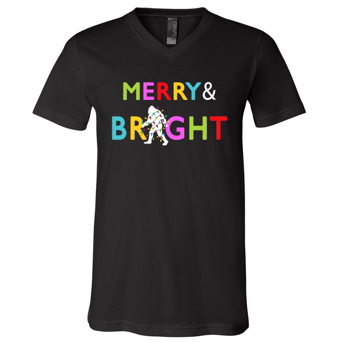 Bigfoot Sasquatch Merry And Bright Christmas Lights Gift V-Neck T-Shirt