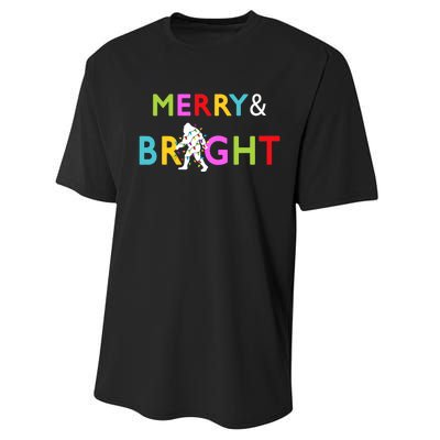 Bigfoot Sasquatch Merry And Bright Christmas Lights Gift Performance Sprint T-Shirt