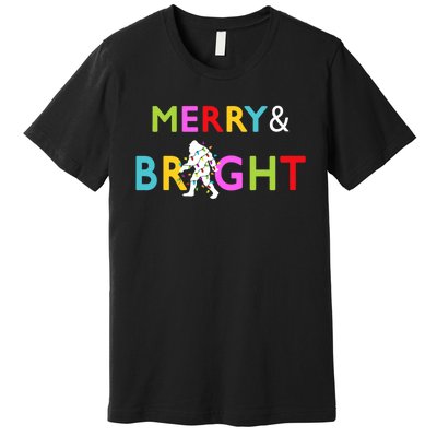 Bigfoot Sasquatch Merry And Bright Christmas Lights Gift Premium T-Shirt