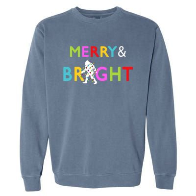 Bigfoot Sasquatch Merry And Bright Christmas Lights Gift Garment-Dyed Sweatshirt