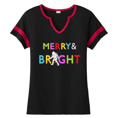 Bigfoot Sasquatch Merry And Bright Christmas Lights Gift Ladies Halftime Notch Neck Tee