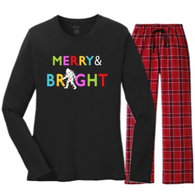 Bigfoot Sasquatch Merry And Bright Christmas Lights Gift Women's Long Sleeve Flannel Pajama Set 