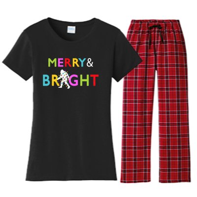 Bigfoot Sasquatch Merry And Bright Christmas Lights Gift Women's Flannel Pajama Set