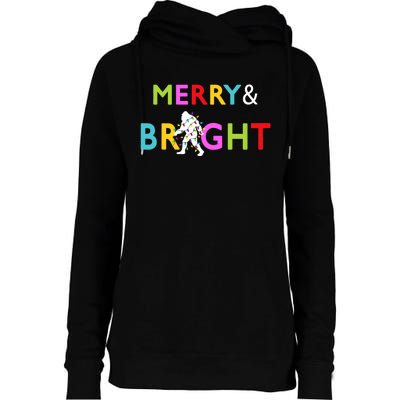 Bigfoot Sasquatch Merry And Bright Christmas Lights Gift Womens Funnel Neck Pullover Hood