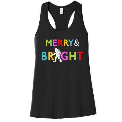 Bigfoot Sasquatch Merry And Bright Christmas Lights Gift Women's Racerback Tank