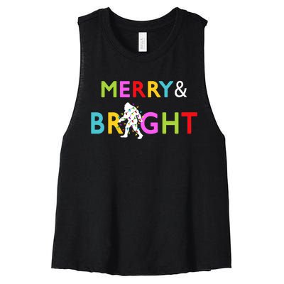 Bigfoot Sasquatch Merry And Bright Christmas Lights Gift Women's Racerback Cropped Tank