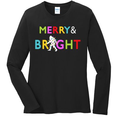 Bigfoot Sasquatch Merry And Bright Christmas Lights Gift Ladies Long Sleeve Shirt