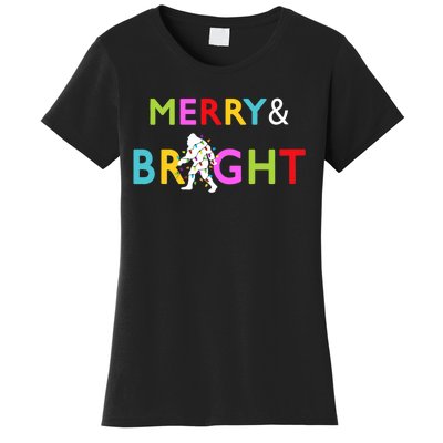 Bigfoot Sasquatch Merry And Bright Christmas Lights Gift Women's T-Shirt