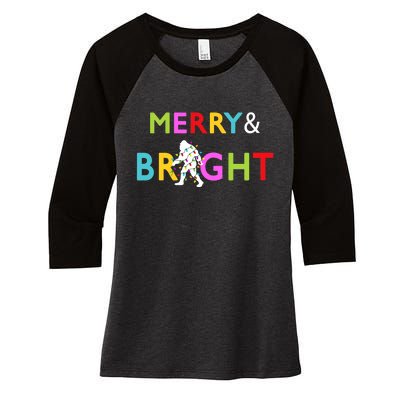 Bigfoot Sasquatch Merry And Bright Christmas Lights Gift Women's Tri-Blend 3/4-Sleeve Raglan Shirt