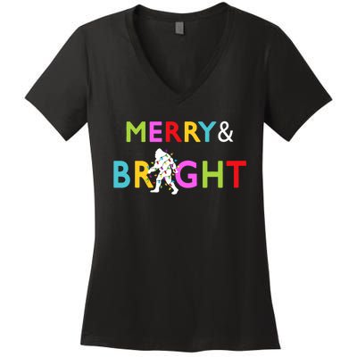 Bigfoot Sasquatch Merry And Bright Christmas Lights Gift Women's V-Neck T-Shirt