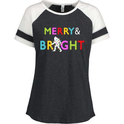 Bigfoot Sasquatch Merry And Bright Christmas Lights Gift Enza Ladies Jersey Colorblock Tee