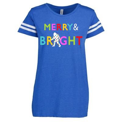 Bigfoot Sasquatch Merry And Bright Christmas Lights Gift Enza Ladies Jersey Football T-Shirt