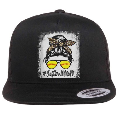 Bleached Softball Mom Life With Leopard And Messy Bun Player Flat Bill Trucker Hat