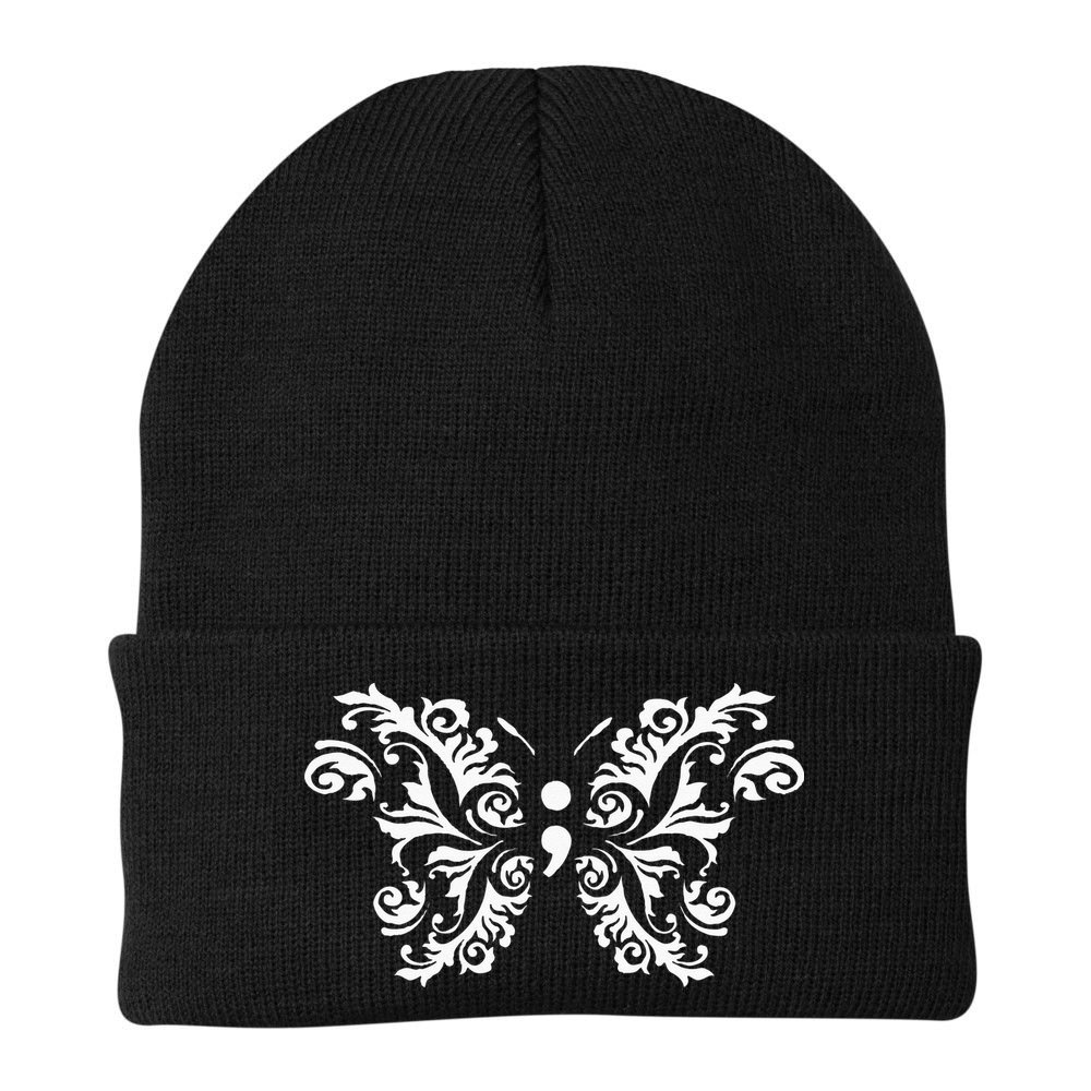 Butterfly Semicolon Mental Health Awareness Warrior Suicide Beanie