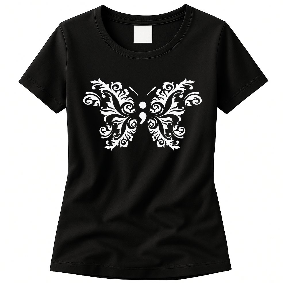 Butterfly Semicolon Mental Health Awareness Warrior Suicide Womens T-Shirt