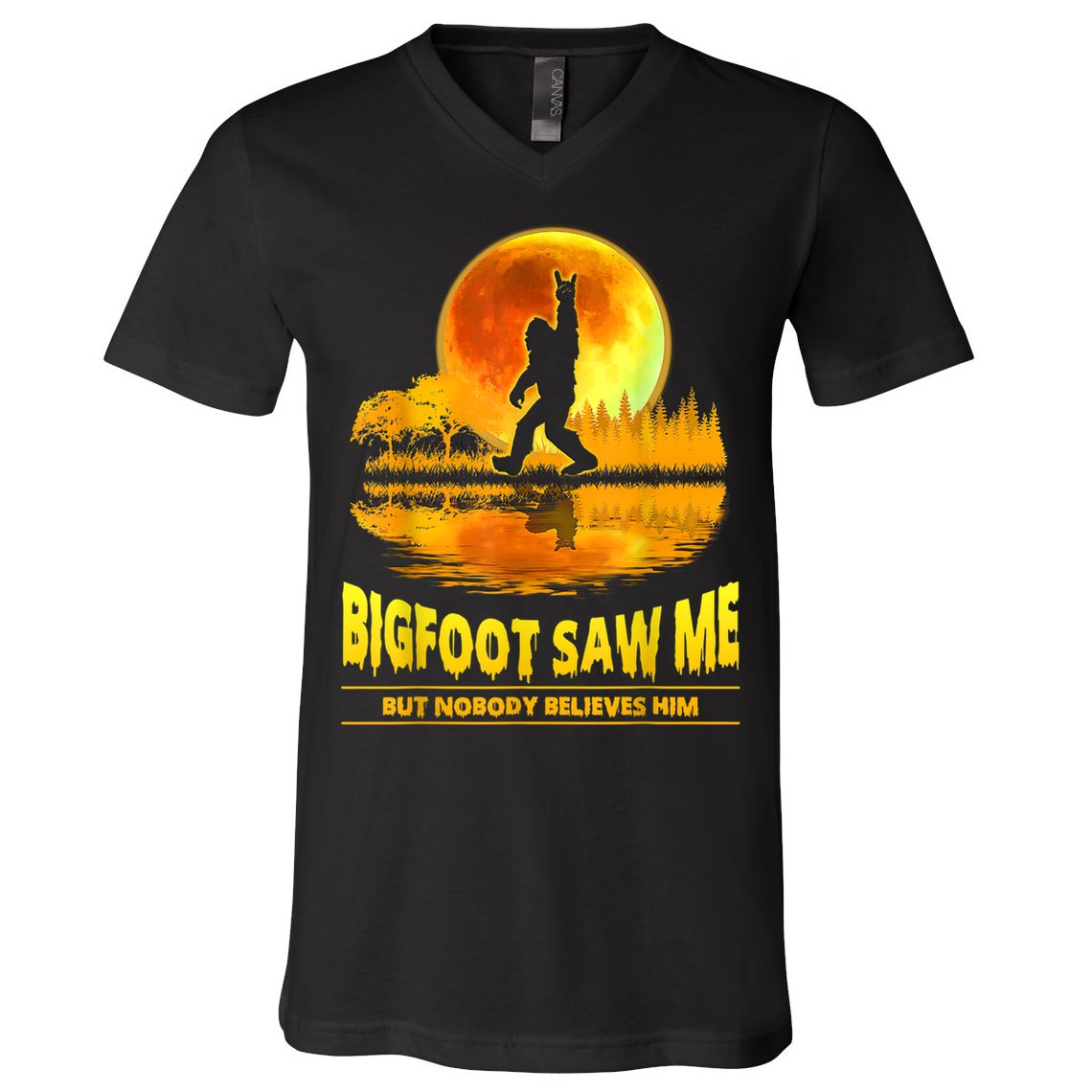 Bigfoot Saw Me But Nobody Believes Him Bigfoot Night Stroll V-Neck T-Shirt