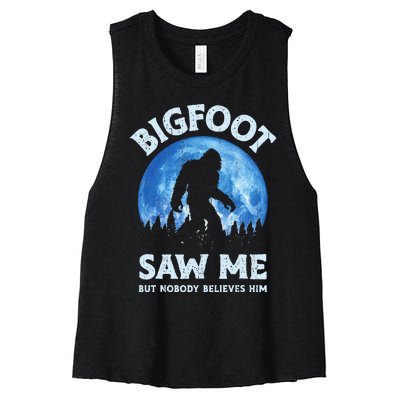 Bigfoot Saw Me But Nobody Believes Him Funny Sasquatch Retro Women's Racerback Cropped Tank