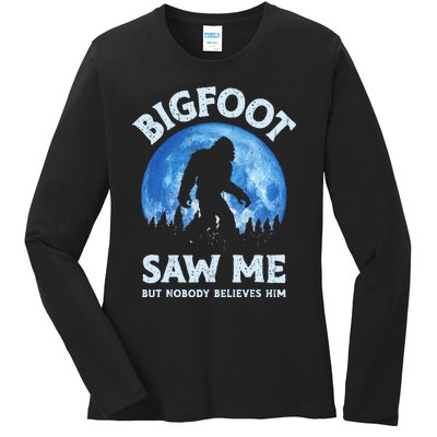 Bigfoot Saw Me But Nobody Believes Him Funny Sasquatch Retro Ladies Long Sleeve Shirt