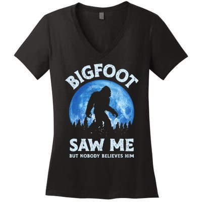 Bigfoot Saw Me But Nobody Believes Him Funny Sasquatch Retro Women's V-Neck T-Shirt