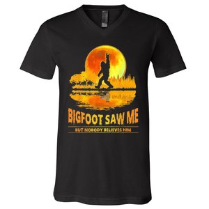 Bigfoot Saw Me But Nobody Believes Him Bigfoot Night Stroll V-Neck T-Shirt