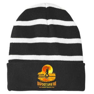 Bigfoot Saw Me But Nobody Believes Him Bigfoot Night Stroll Striped Beanie with Solid Band