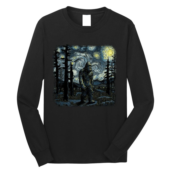 Bigfoot Starry Night Sasquatch Van Gogh Sky Painting Art Long Sleeve Shirt