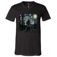 Bigfoot Starry Night Sasquatch Van Gogh Sky Painting Art V-Neck T-Shirt