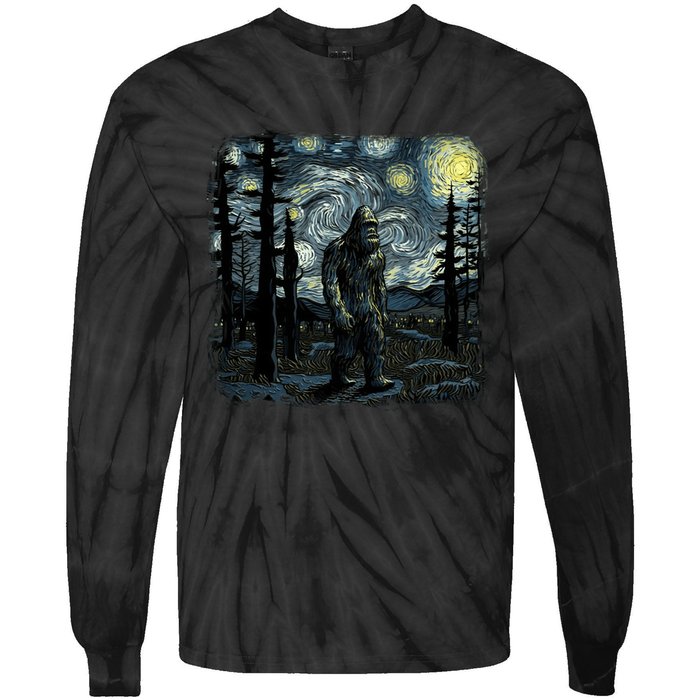 Bigfoot Starry Night Sasquatch Van Gogh Sky Painting Art Tie-Dye Long Sleeve Shirt