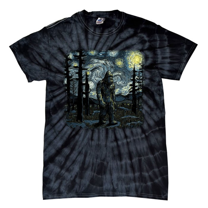 Bigfoot Starry Night Sasquatch Van Gogh Sky Painting Art Tie-Dye T-Shirt