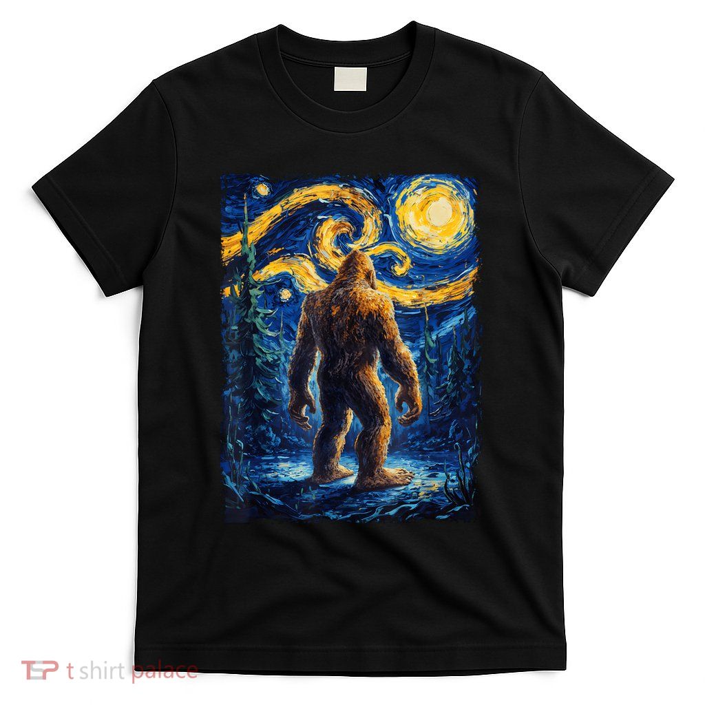 Bigfoot Starry Night Sasquatch Van Gogh Painting T-Shirt