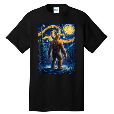 Bigfoot Starry Night Sasquatch Van Gogh Painting Tall T-Shirt