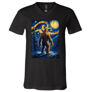 Bigfoot Starry Night Sasquatch Van Gogh Painting V-Neck T-Shirt