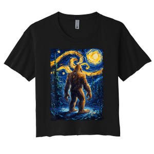 Bigfoot Starry Night Sasquatch Van Gogh Painting Women's Crop Top Tee