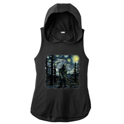 Bigfoot Starry Night Sasquatch Van Gogh Sky Painting Art Ladies PosiCharge Tri-Blend Wicking Draft Hoodie Tank