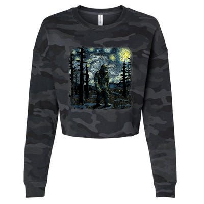 Bigfoot Starry Night Sasquatch Van Gogh Sky Painting Art Cropped Pullover Crew