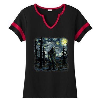 Bigfoot Starry Night Sasquatch Van Gogh Sky Painting Art Ladies Halftime Notch Neck Tee