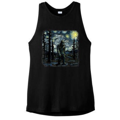 Bigfoot Starry Night Sasquatch Van Gogh Sky Painting Art Ladies PosiCharge Tri-Blend Wicking Tank