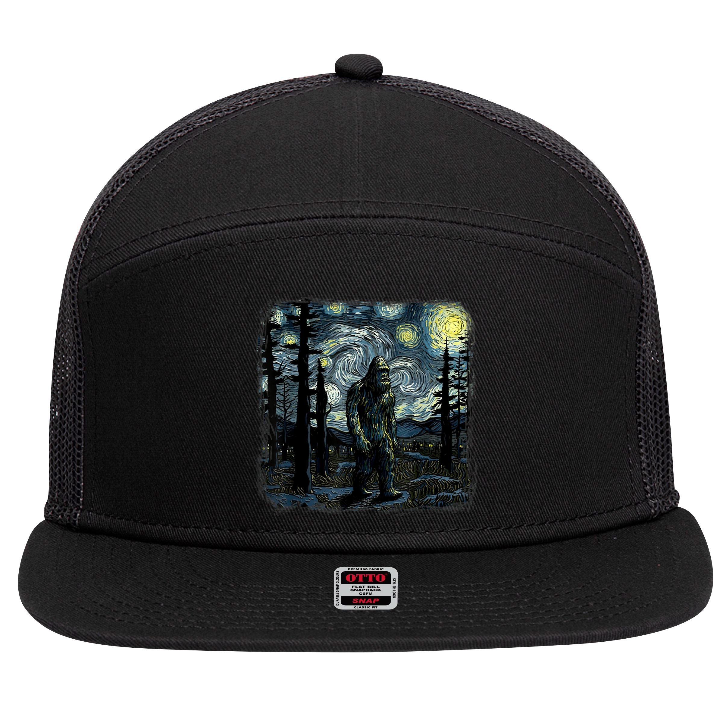 Bigfoot Starry Night Sasquatch Van Gogh Sky Painting Art 7 Panel Mesh Trucker Snapback Hat
