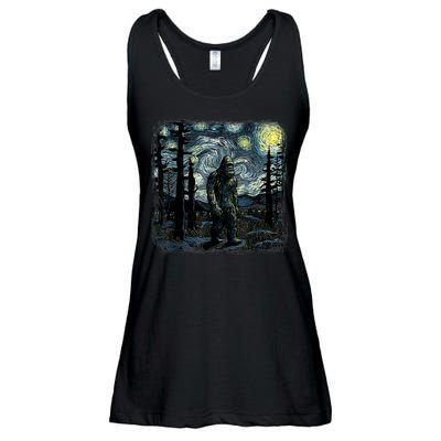 Bigfoot Starry Night Sasquatch Van Gogh Sky Painting Art Ladies Essential Flowy Tank
