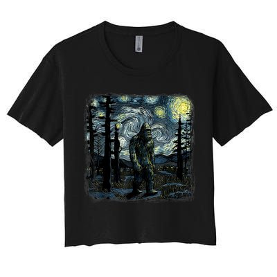 Bigfoot Starry Night Sasquatch Van Gogh Sky Painting Art Crop Top
