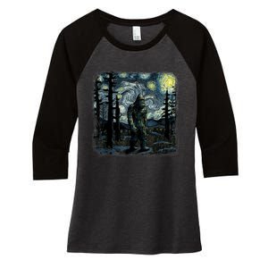 Bigfoot Starry Night Sasquatch Van Gogh Sky Painting Art Women's Tri-Blend 3/4-Sleeve Raglan Shirt