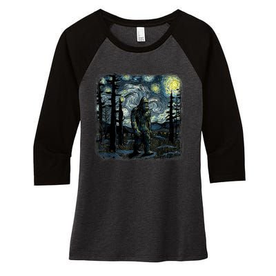 Bigfoot Starry Night Sasquatch Van Gogh Sky Painting Art Women's Tri-Blend 3/4-Sleeve Raglan Shirt